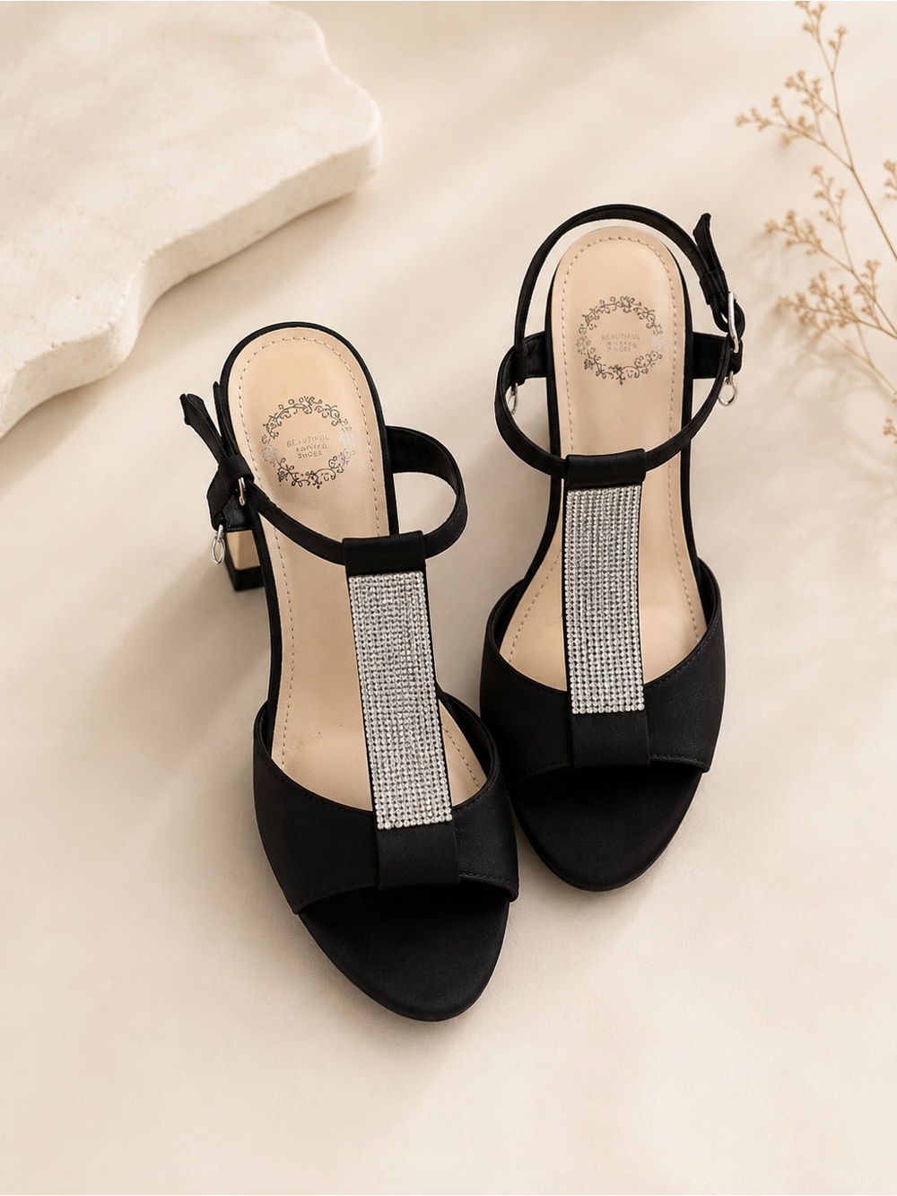 Black Rhinestone Strappy Heels – Elegant & Sparkly
